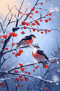 深蓝色海报插画图片_杜鹃鸟冬天迎新年手绘插画