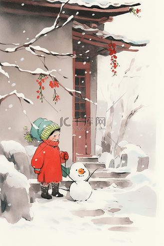 冬天孩子雪人新年手绘插画