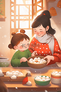 红色和绿色插画图片_手绘新年母女包饺子插画海报