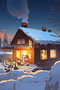 冬天白雪皑皑屋子插画海报手绘