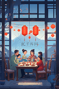 雪下灯笼插画图片_手绘新年插画一家人团聚团圆