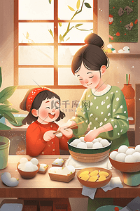 红色和绿色插画图片_插画海报新年母女包饺子手绘