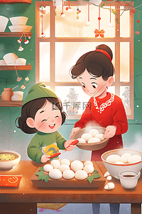 红色和绿色插画图片_新年母女海报包饺子手绘插画