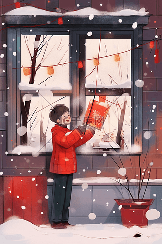 雪地上的鞭炮图片素材_手绘新年冬天插画男孩放鞭炮