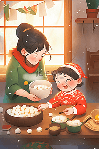红色和绿色插画图片_手绘插画新年母女包饺子海报