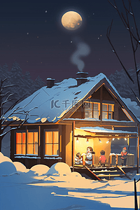 白雪皑皑屋子手绘冬天插画海报