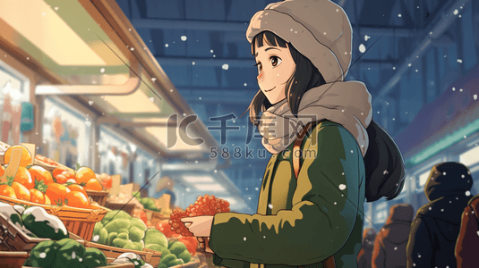 绿色购物插画图片_穿着绿色大衣逛菜市场的女士插画5