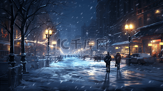 大雪纷飞的冬日夜晚街道
