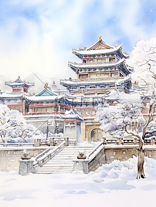 淡水海绵插画图片_冬季中国建筑淡水彩画4图片