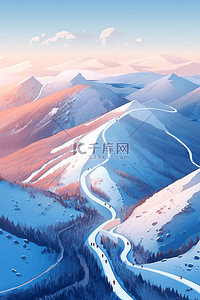 冬天日出插画图片_雪景冬天连绵山峰手绘插画