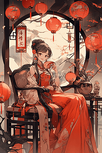 挂在树枝上的灯笼插画图片_新年手绘中国风女孩灯笼插画