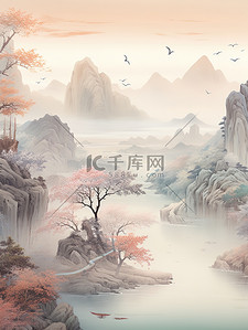 画卷插画图片_山水画卷雾山流水宁静大气1图片