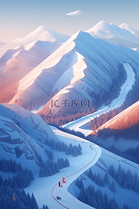 手绘冬天雪景插画图片_手绘冬天雪景连绵山峰插画