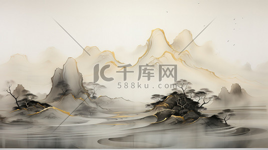 暗灰色插画图片_水墨山水画艺术浅灰色和暗金色12插画素材