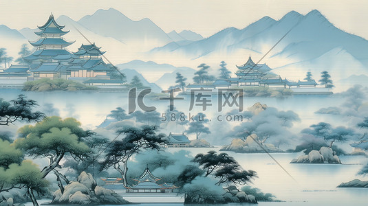 中国风数字2插画图片_千里江山图中国风插画2