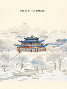 冬季中国建筑淡水彩画14素材