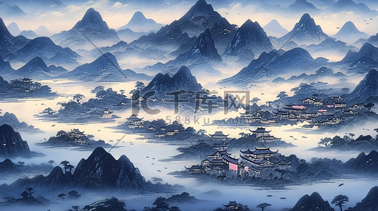 靛蓝色边框插画图片_靛蓝色调山水画中国风11素材