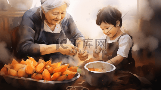 红薯装盘插画图片_小朋友和奶奶一起蒸红薯插画8