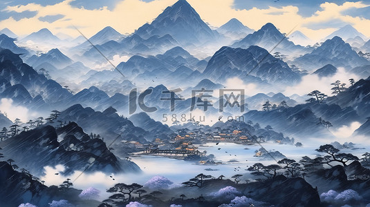 靛蓝色调山水画中国风8素材