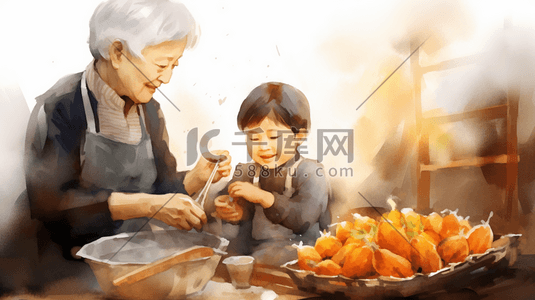 红薯装盘插画图片_小朋友和奶奶一起蒸红薯插画5