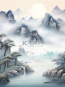 山水画卷雾山流水宁静大气3插画素材