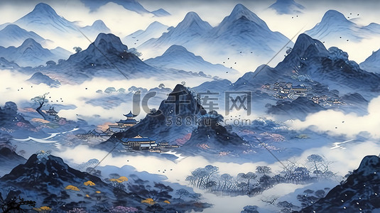 靛蓝色调山水画中国风6插图