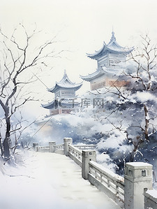 冬季中国建筑淡水彩画6插画素材