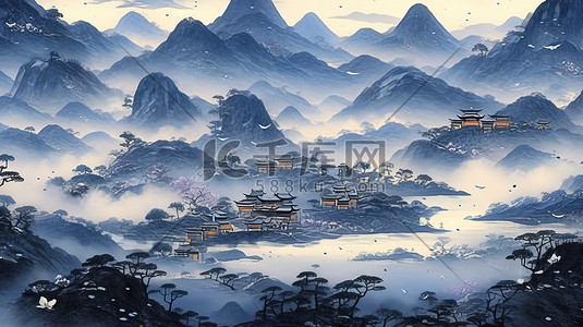 靛蓝色调山水画中国风10插画设计
