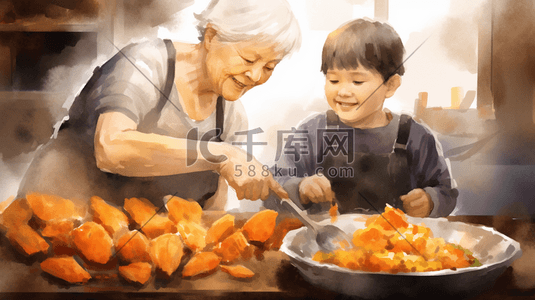 红薯装盘插画图片_小朋友和奶奶一起蒸红薯插画12