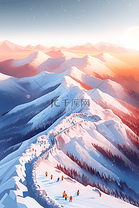 冬天日出插画图片_手绘冬天雪景插画连绵山峰