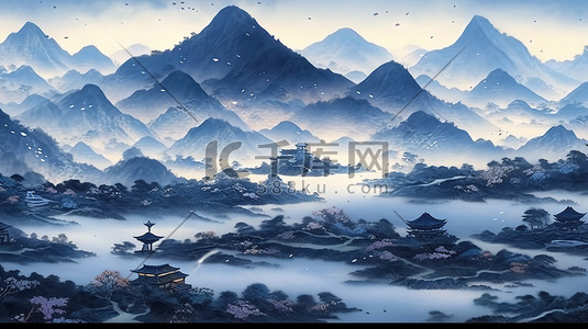 靛蓝色调山水画中国风15素材