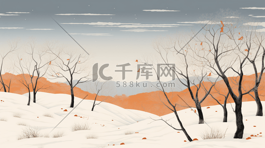 冬季天野雪地枯树插画5