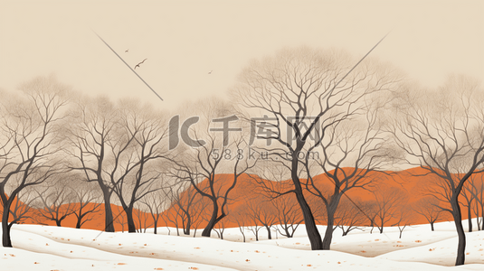 3天插画图片_冬季天野雪地枯树插画3