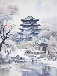 冬季中国建筑淡水彩画5插画素材