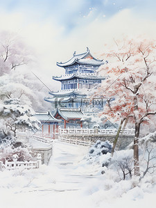 冬季中国建筑淡水彩画9素材