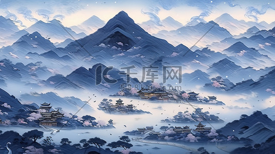 靛蓝色边框插画图片_靛蓝色调山水画中国风13原创插画