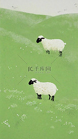 可爱春天绿色山坡上的小绵羊插画
