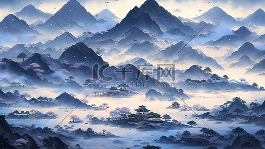 靛蓝色调山水画中国风9插画图片