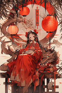 干枯出油插画图片_新年中国风女孩灯笼插画手绘