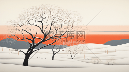 枯树插画图片_冬季天野雪地枯树插画16