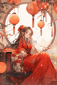 挂在树枝上的灯笼插画图片_新年女孩灯笼中国风手绘插画