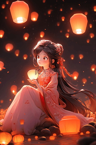 空中飘落纸张图片素材_手绘插画新年女孩祈祷海报