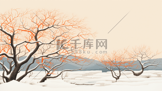 野插画图片_冬季天野雪地枯树插画12