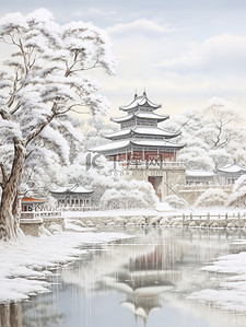 冬季中国建筑淡水彩画13图片