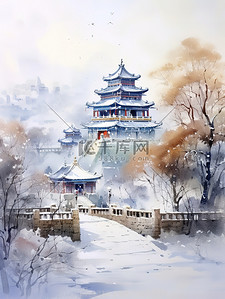 淡水海绵插画图片_冬季中国建筑淡水彩画10图片