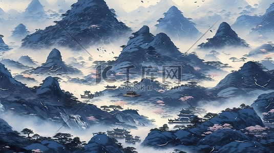 靛蓝色调山水画中国风2插画素材