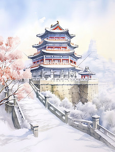冬季中国建筑淡水彩画3插画海报