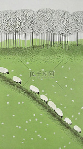 实景草坡插画图片_可爱春天绿色山坡上的小绵羊插画