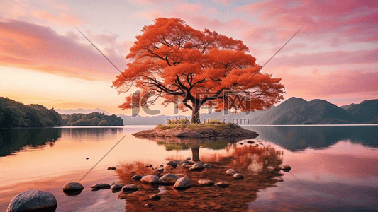 大树倒影湖面潘通流行色彩色彩趋势插画图片