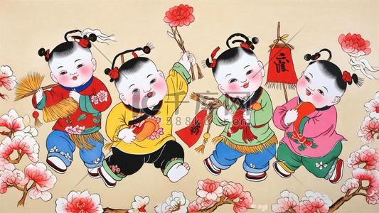 祝贺年画插画图片_国风传统新年民俗年画娃娃插画